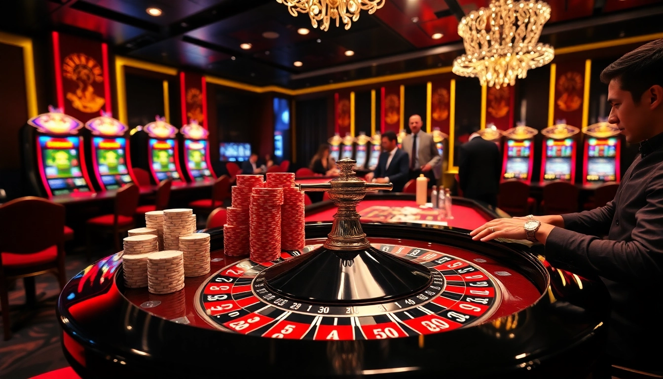 Bancadoithuong casino scene with roulette, poker chips, and slot machines in a vibrant atmosphere.