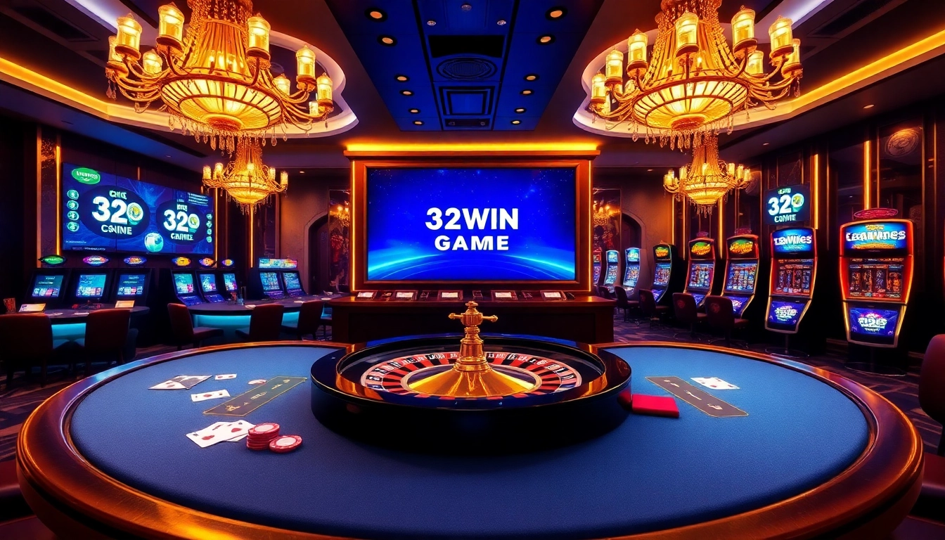 Engage in the thrilling 32WIN Game at a luxurious casino featuring vibrant tables and online interfaces.