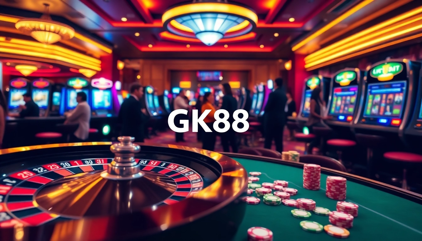Exciting GK88 casino scene with vibrant games, poker chips, and a spinning roulette wheel.