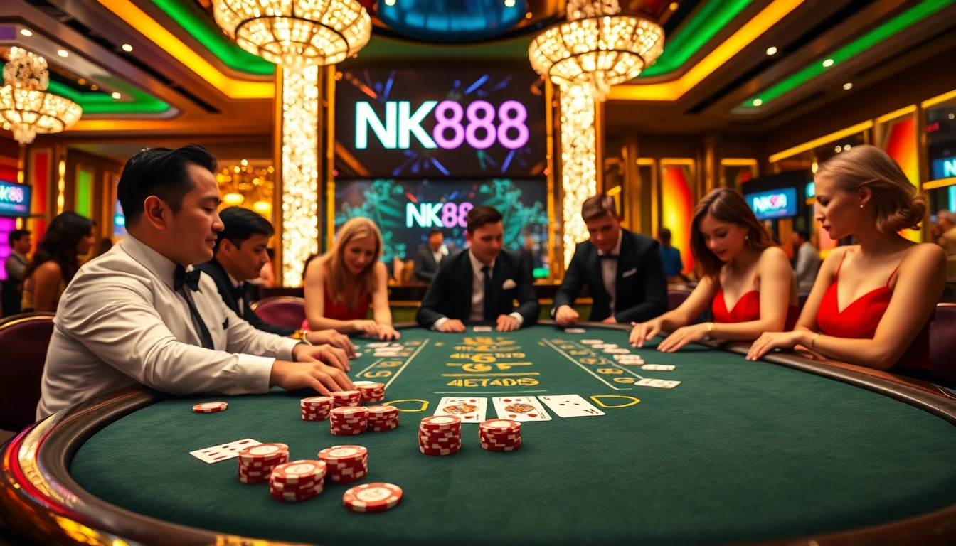 Experience high-stakes excitement at the NK88 casino table filled with vibrant action and colorful poker chips.