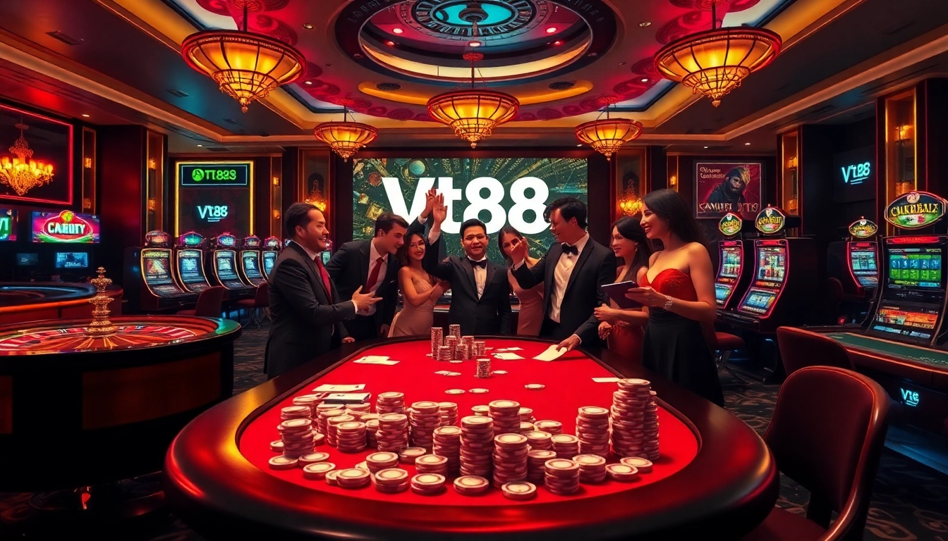 Vt88 nhà cái showcases a vibrant casino atmosphere with players enjoying table games and slots.