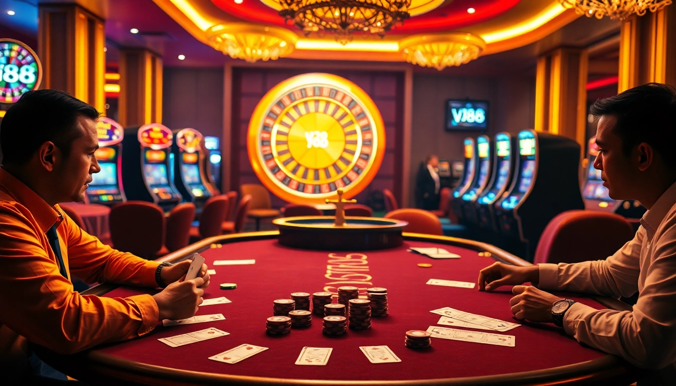 Engaged players at a poker table in a luxurious casino setting featuring VJ88 branding.