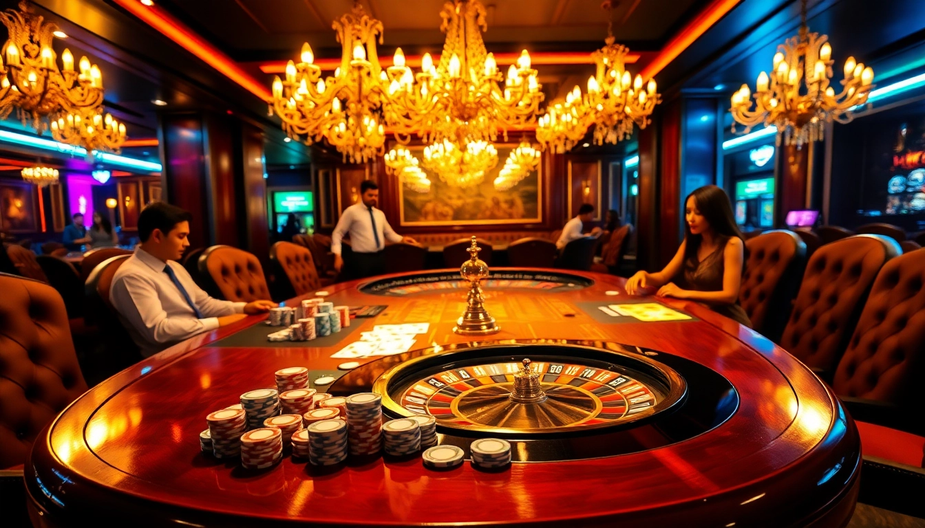 Exciting players enjoying the game tt88 at a luxurious casino table with chips and cards.