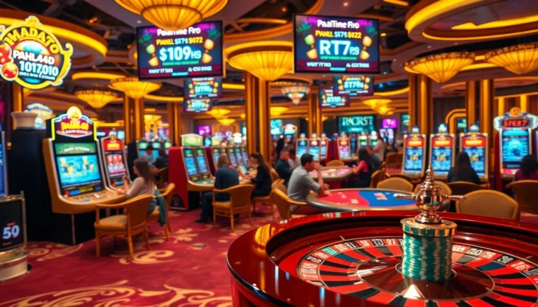 Pahala4d gaming floor with slot machines, roulette wheel, and excited players enjoying a luxurious casino atmosphere.