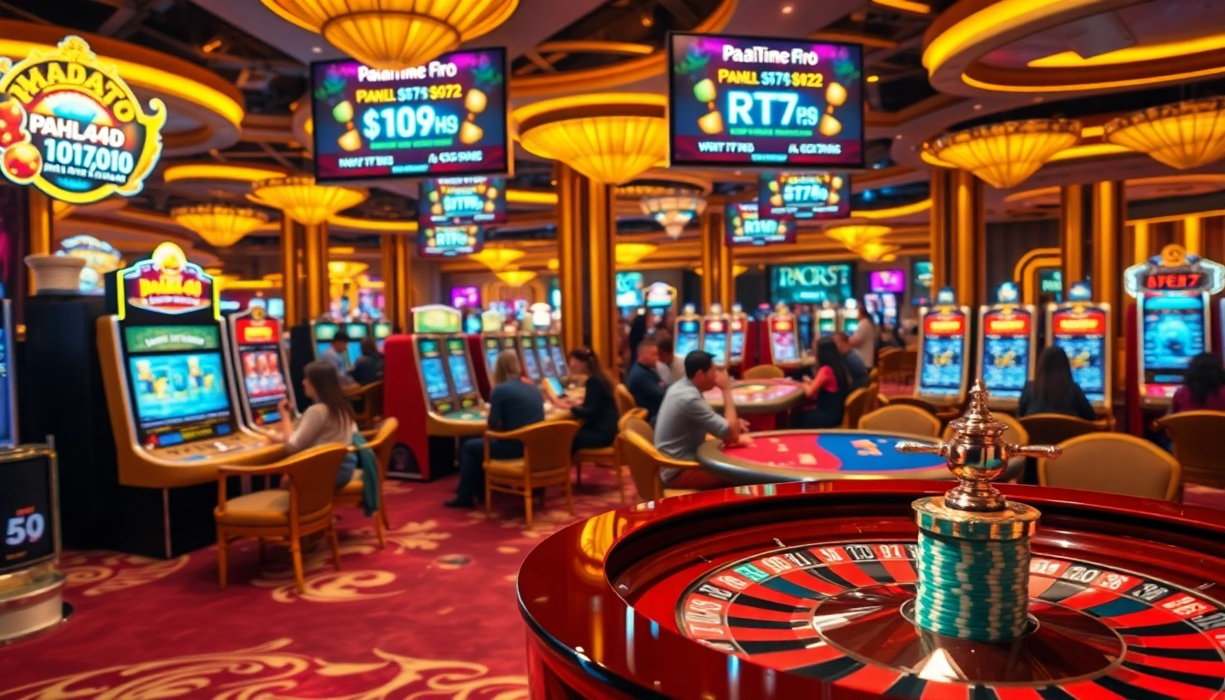 Pahala4d gaming floor with slot machines, roulette wheel, and excited players enjoying a luxurious casino atmosphere.