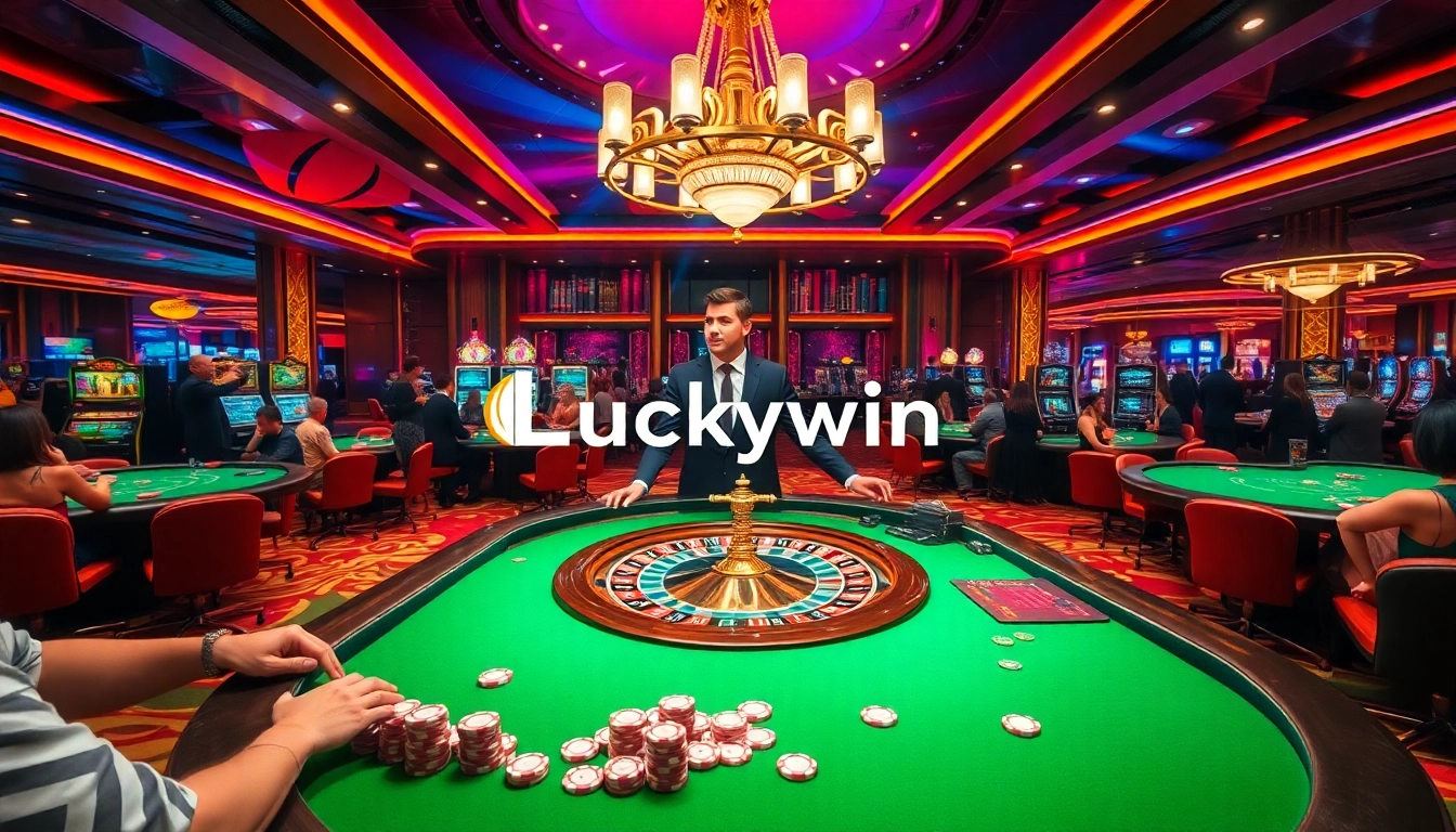 Experience the excitement of Luckywin with vibrant casino visuals filled with roulette wheels and poker chips.