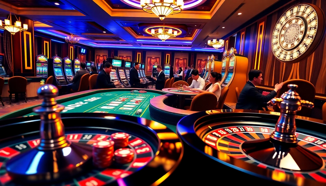 K88bet players enjoying a vibrant casino environment with poker tables and slot machines.