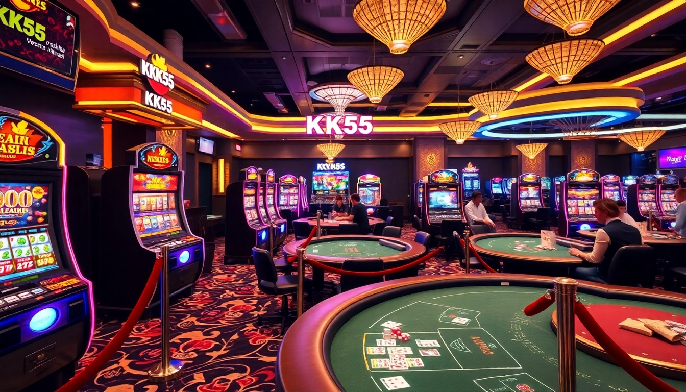 Engaging with a vibrant casino game at Nhà cái KK55, showcasing colorful slots and poker tables.