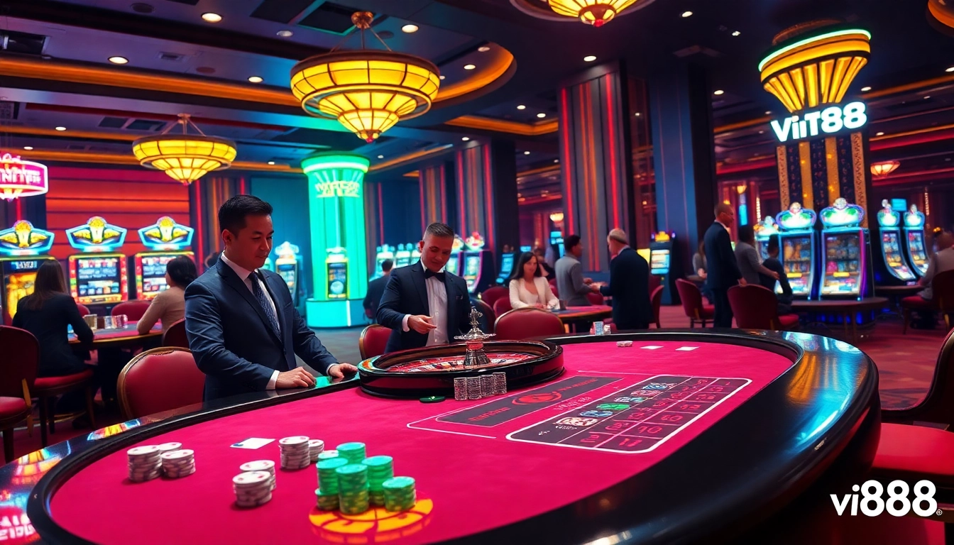 Experience the excitement of vn88 with vibrant casino tables and players engaged in thrilling games.