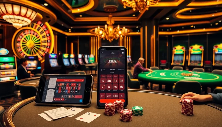 Người chơi đang sử dụng ứng dụng BetVIP khi tận hưởng các trò chơi sòng bạc sinh động với roulette và máy đánh bạc.