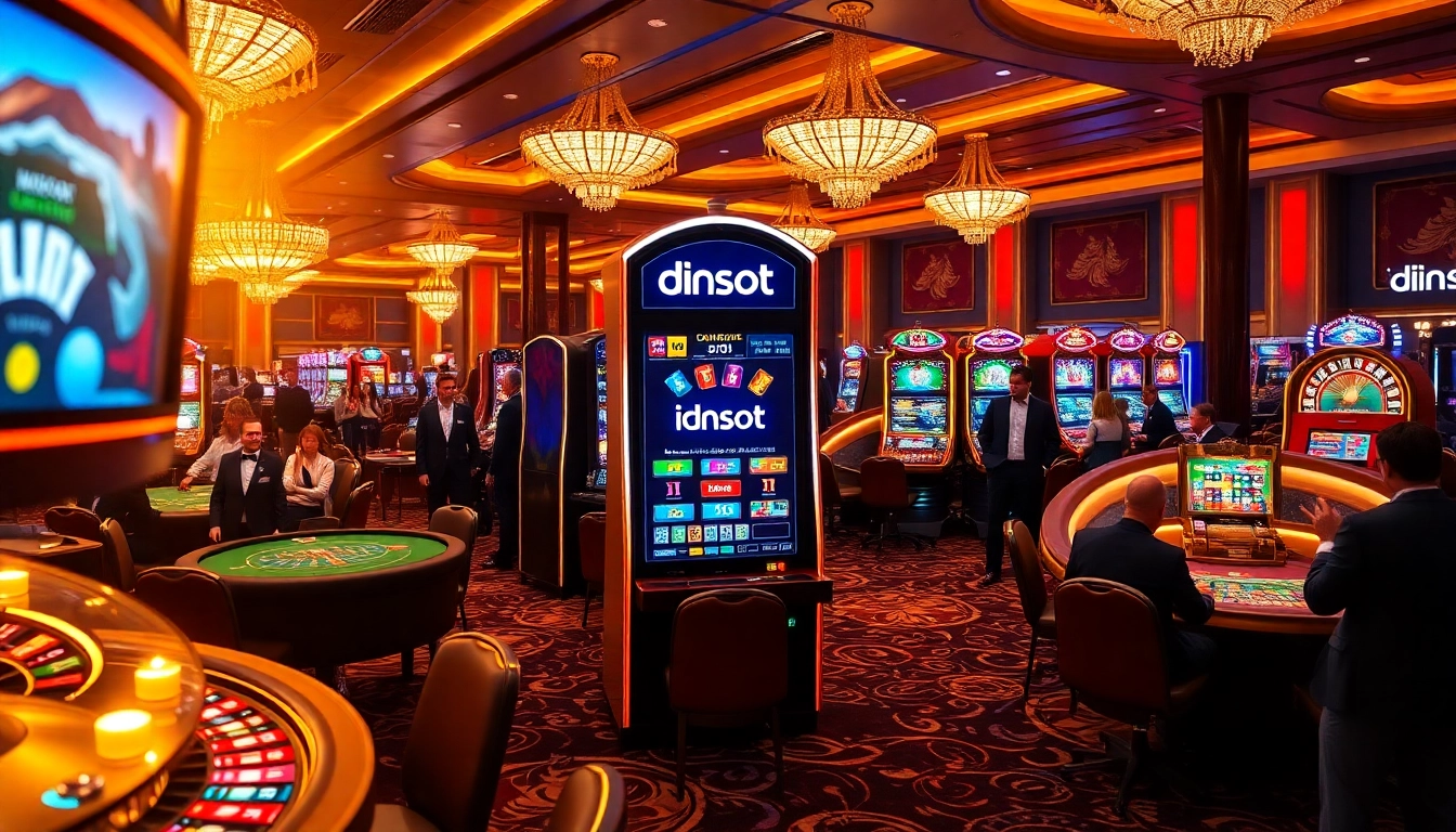Engaged players enjoying idnslot games in an upscale casino surrounded by vibrant tables.