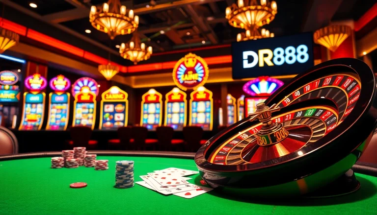 Experience high-stakes poker at a bustling casino, featuring DR88 branding and vibrant gaming elements.