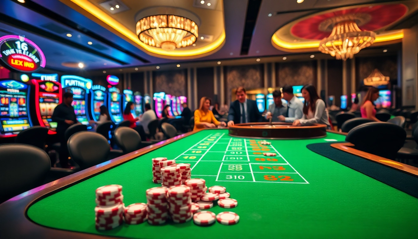 Engaged players enjoying blackjack at jun88 com casino with vibrant slot machines and roulette wheel.