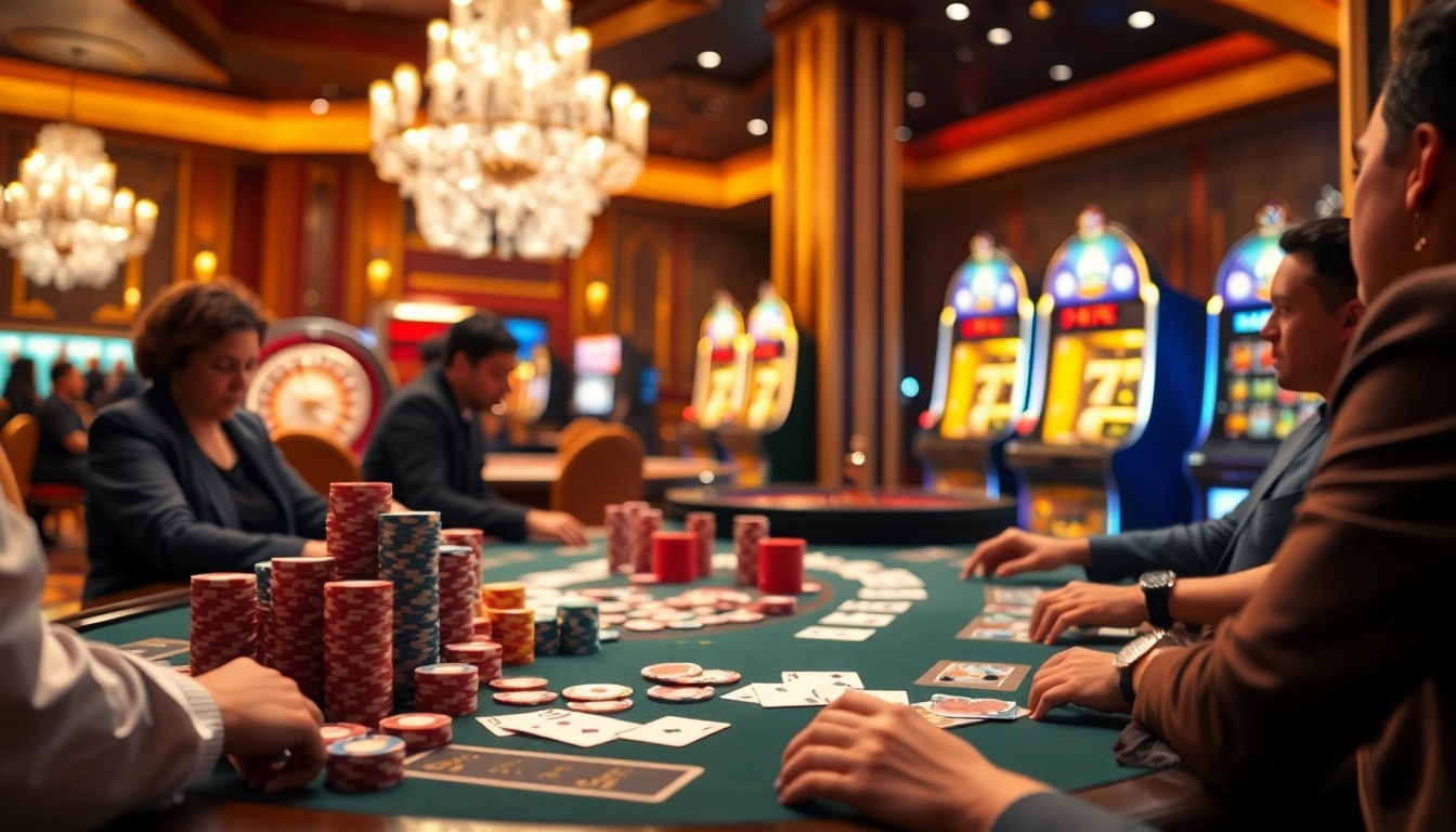 Players enjoying a thrilling poker game at https://sodo669.net/ casino, surrounded by colorful chips and cards.