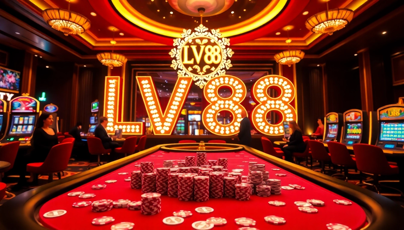 Exciting gaming scene at Nhà Cái LV88, showcasing vibrant casino tables and dazzling slot machines.