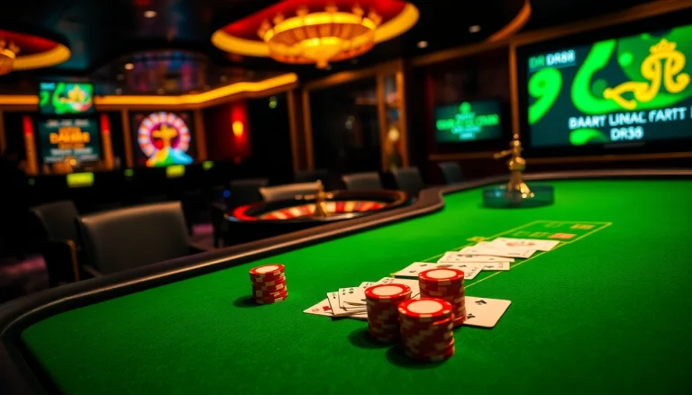 Experience the thrill of dr88 with a vibrant casino scene showcasing poker action and roulette excitement.