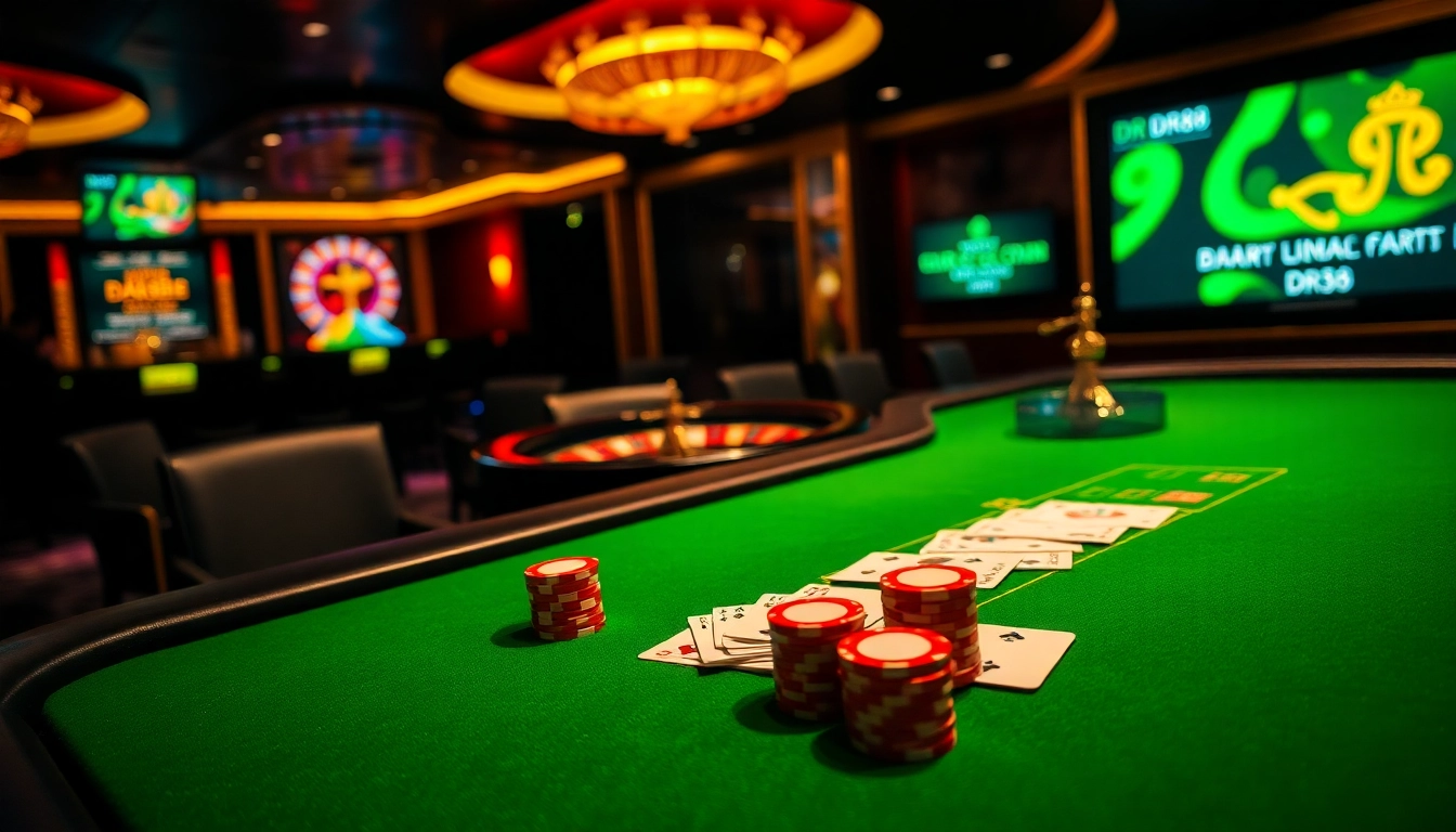 Experience the thrill of dr88 with a vibrant casino scene showcasing poker action and roulette excitement.