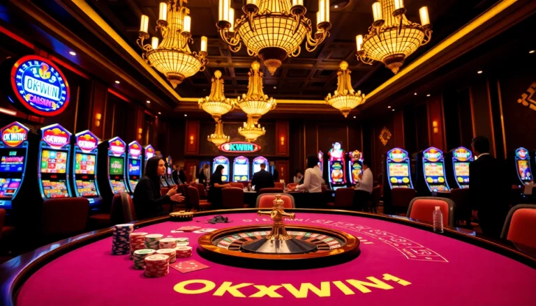 Players engaging intensely at an OK WIN casino table, surrounded by colorful chips and cards.