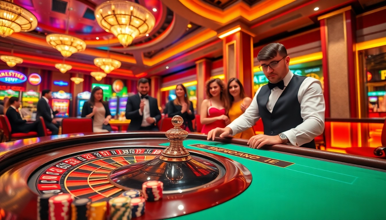 Experience the excitement of ee88e with a thrilling roulette table surrounded by eager players.