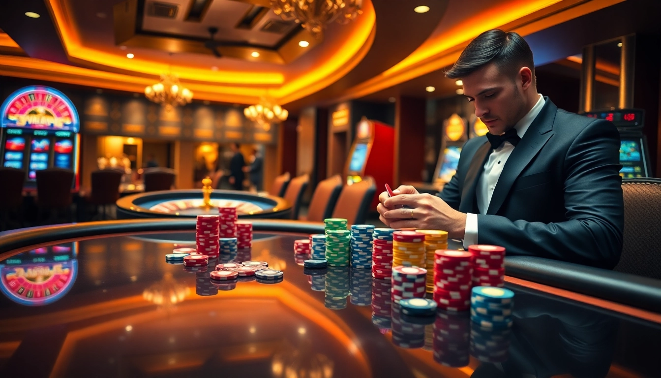 Exciting casino scene featuring KK55 poker chips on a luxurious table illuminated by warm lights.