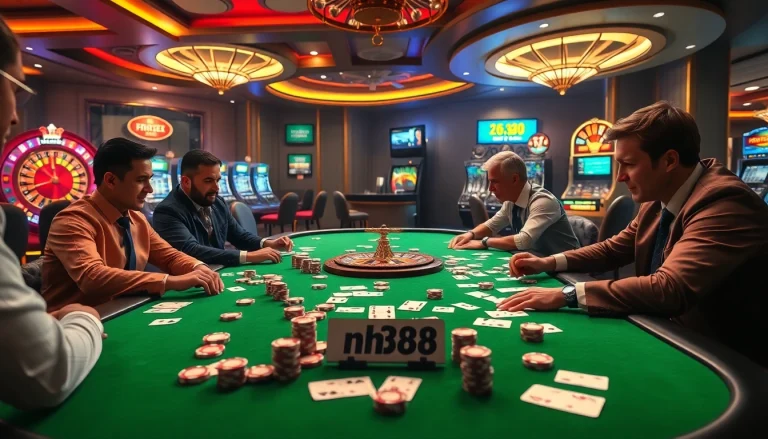 High-stakes poker game featuring nh88 betting slips and vibrant casino atmosphere.