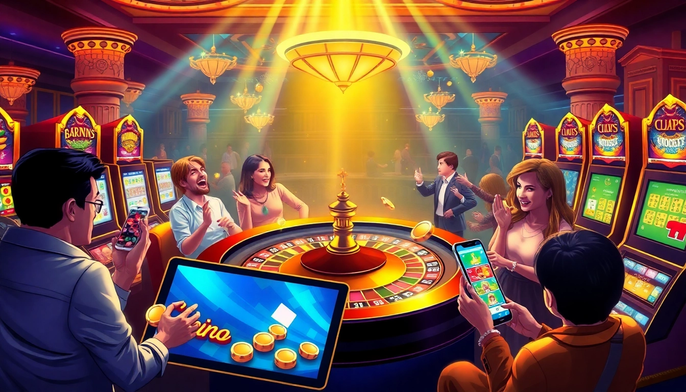 Players celebrating a big win at situs apiraja88 in an exciting casino atmosphere with roulette and slot machines.