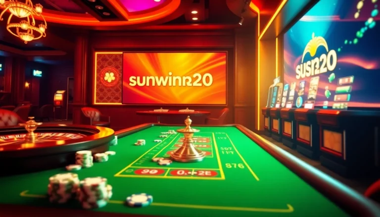 Experience thrilling gameplay with sunwin20 in this luxurious casino scene featuring poker and slots.
