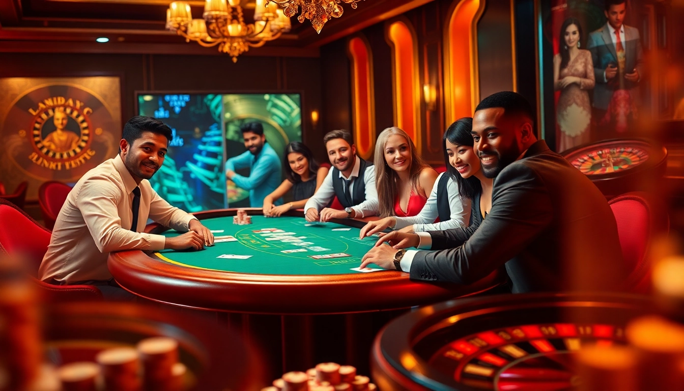 Players enjoying a thrilling poker game at https://rr88co.net/, surrounded by luxurious casino decor.