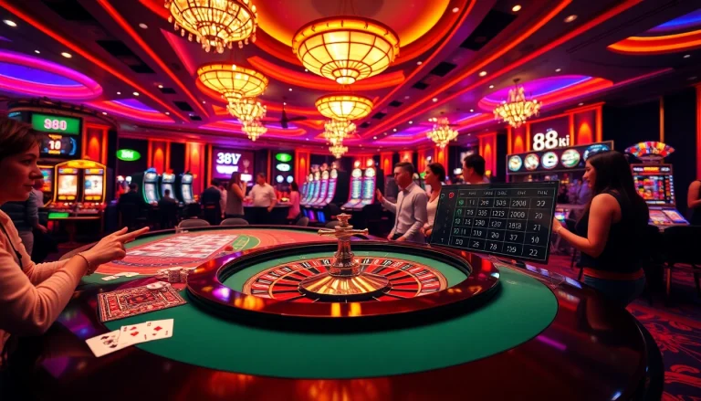 Players enjoying gambling at a vibrant 88i casino with roulette and poker chips.
