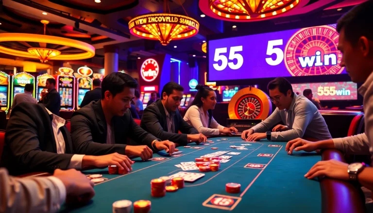 Intensely focused players at a professional poker table with 555win branding in the background.