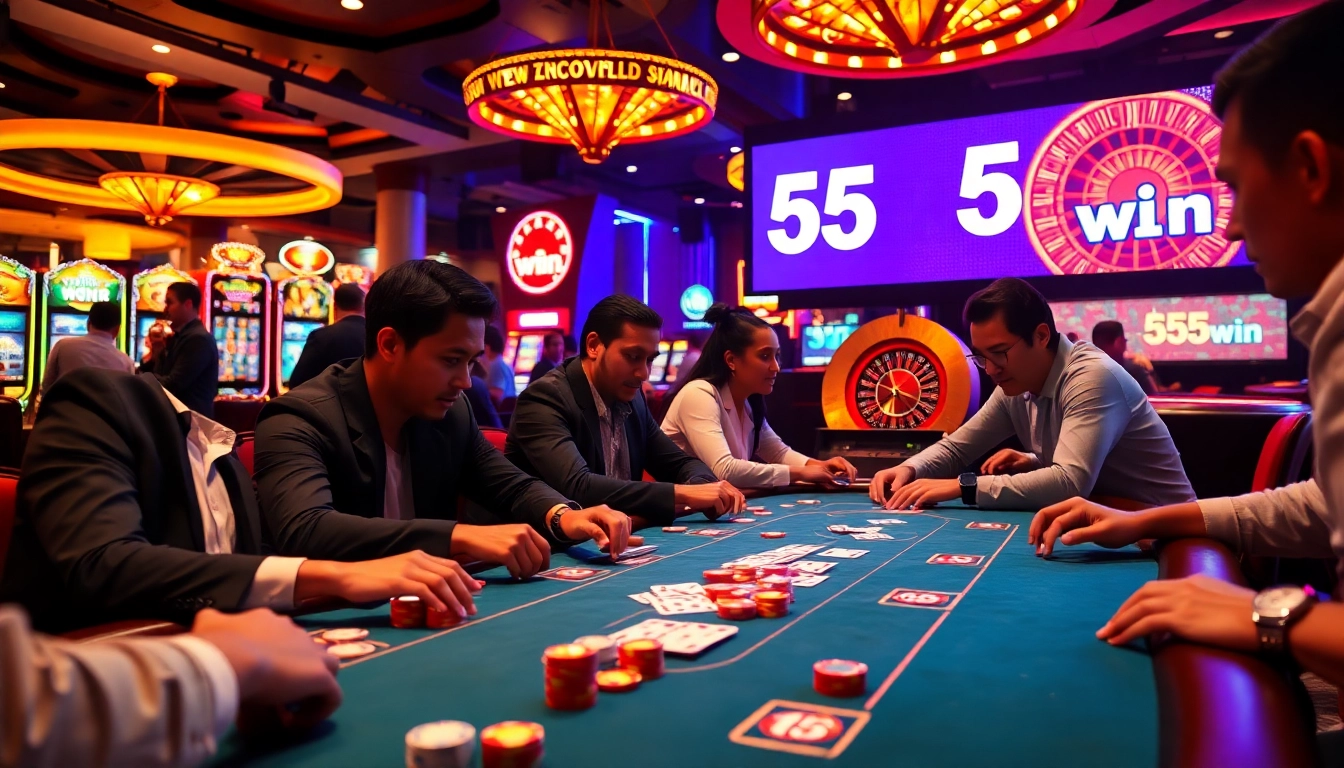 Intensely focused players at a professional poker table with 555win branding in the background.