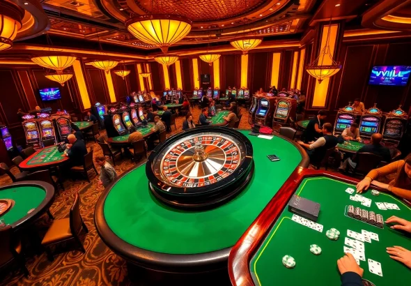 Players immerse in thrilling vvjl casino activities with vibrant tables and slot machines.