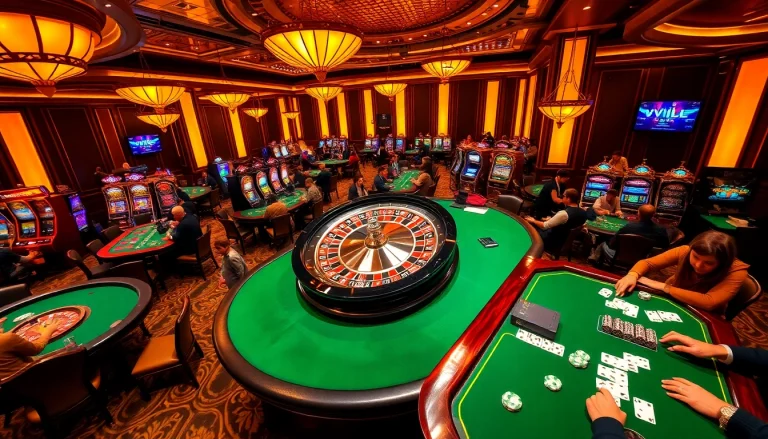 Players immerse in thrilling vvjl casino activities with vibrant tables and slot machines.