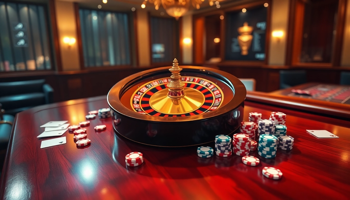 הניחו את הצ'יפים שלכם על שולחן קזינו מקוון יוקרתי המציג רולטה ופוקר.