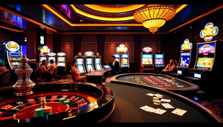 FLY88 betting action at a dynamic casino with professional tables and vibrant gaming equipment.