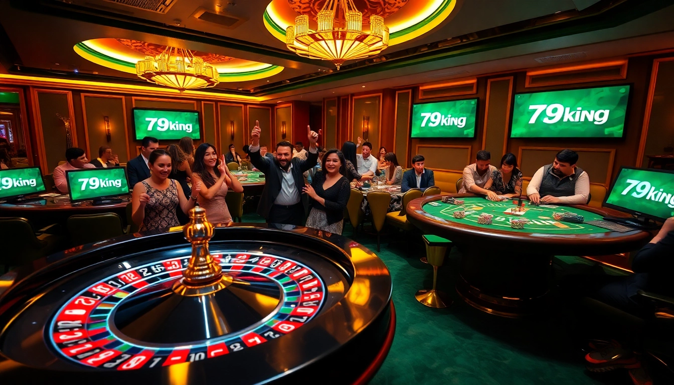 Players engaged in thrilling gameplay at 79king casino, celebrating wins at roulette and poker tables.