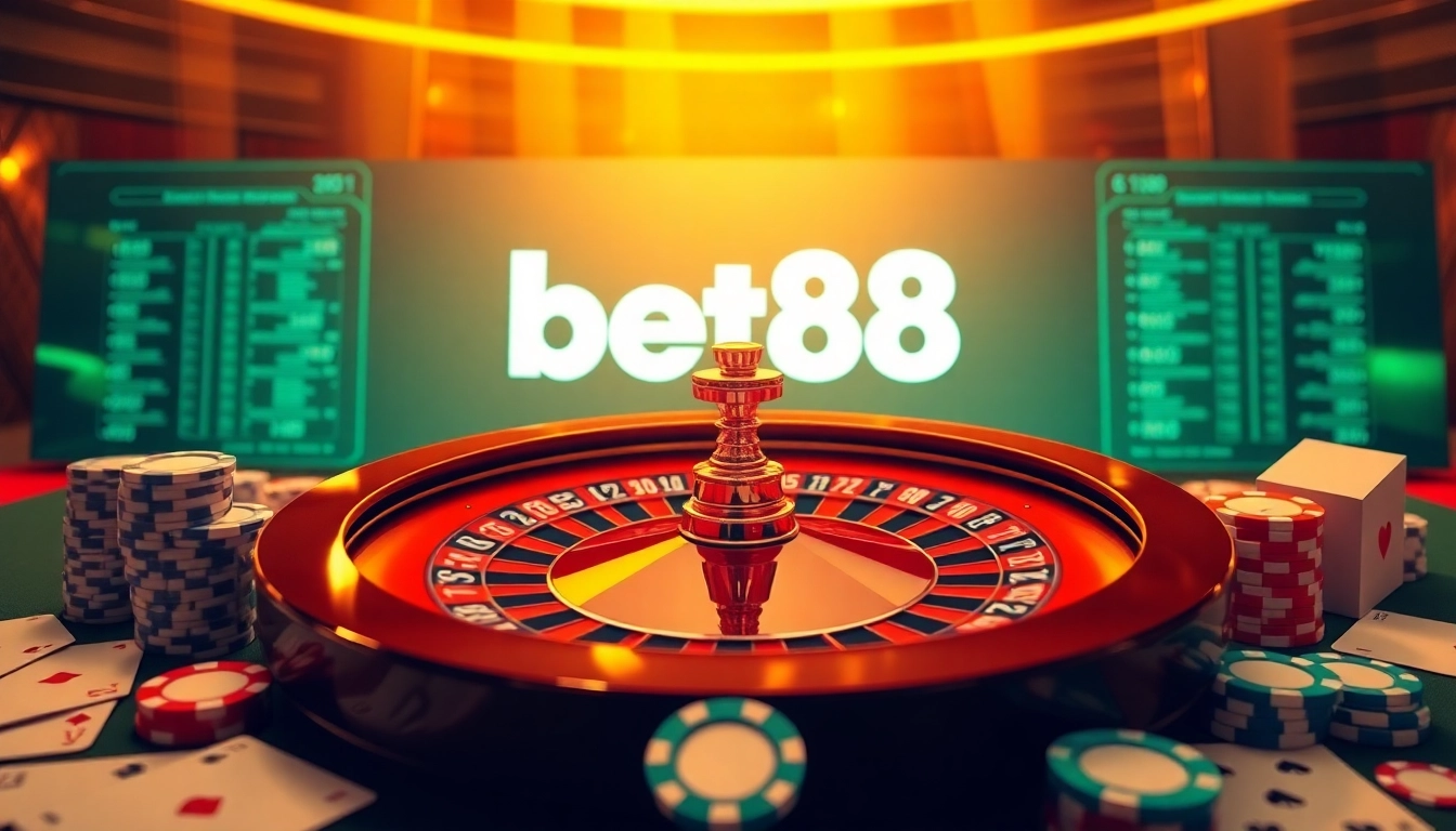 Experience the excitement of bet88 with vibrant roulette wheels and poker chips in a luxury casino.