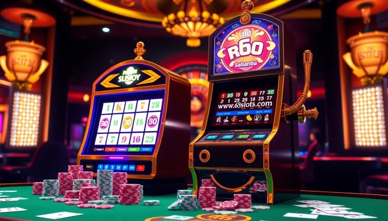 Spin and win at https://www.6slots8.com/ with vibrant slot machines and poker chips in a luxurious casino setting.