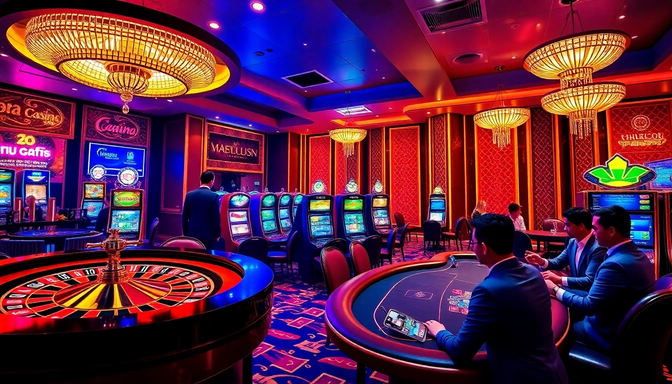 Exciting gaming activity at nhà cái pg88 featuring roulette and slot machines in a luxury casino setting.
