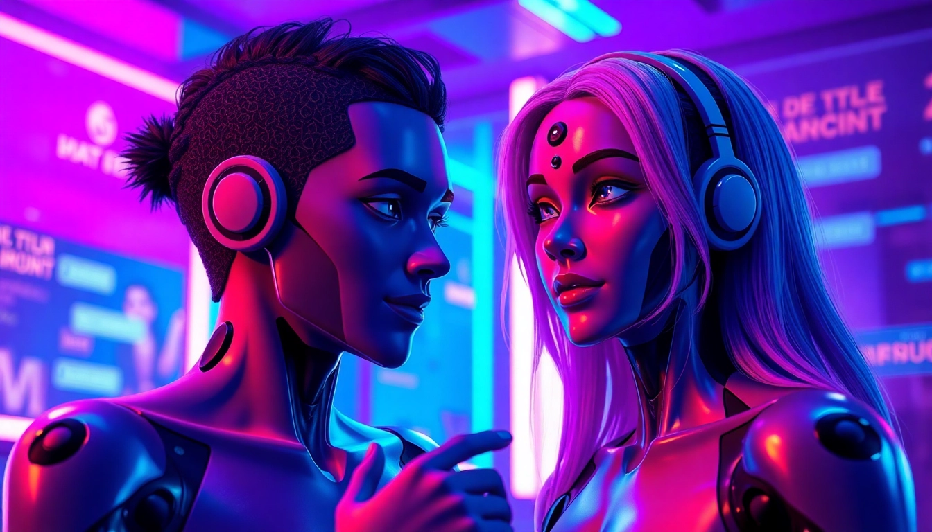 NSFW virtual chat scene with AI characters, neon ambiance, and soft lighting.