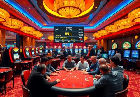 Experience thrilling games at VVJL Casino with poker tables and vibrant slot machines.