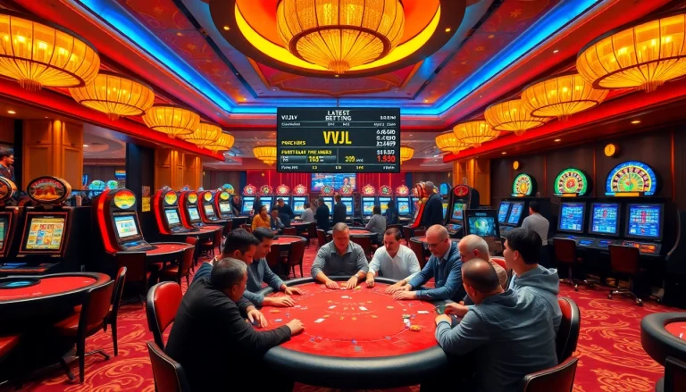 Experience thrilling games at VVJL Casino with poker tables and vibrant slot machines.