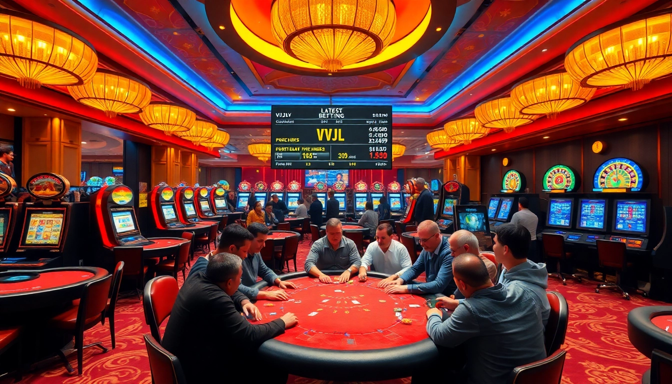 Experience thrilling games at VVJL Casino with poker tables and vibrant slot machines.