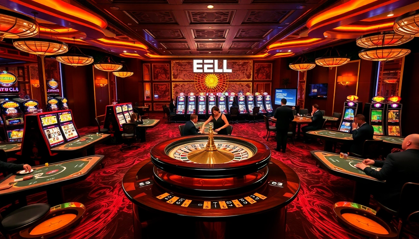Players enjoying a thrilling EEJL casino experience at a vibrant roulette wheel.
