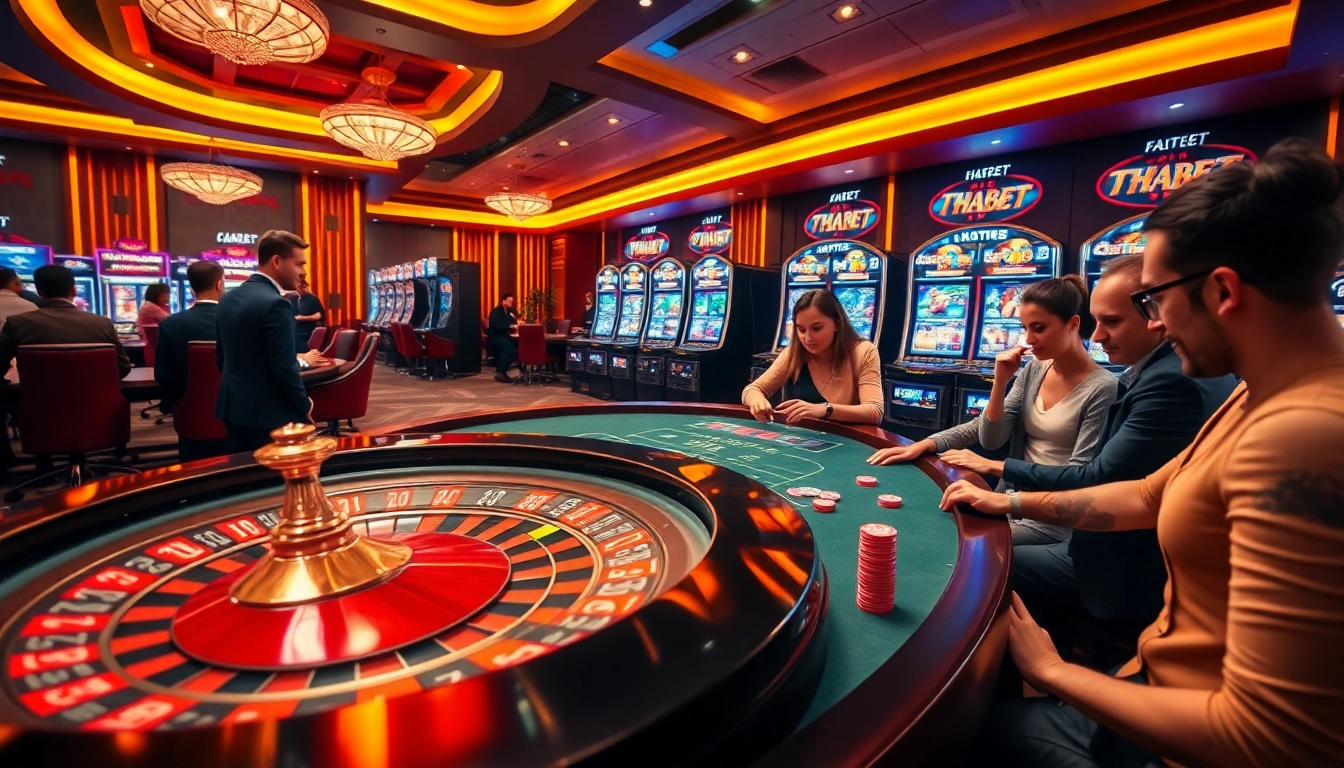 Players enjoying the excitement of THABET casino games at a vibrant roulette table.