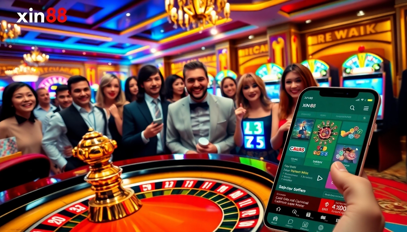 Tà app xin88 interface displayed on a smartphone among poker chips and roulette wheel in a luxurious casino setting.