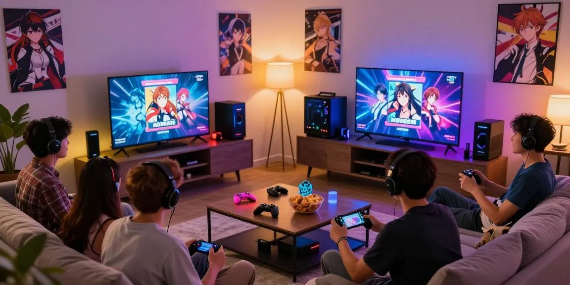 Players enjoying the latest android hentai game in a cozy living room setting with vibrant colors and gaming gear.