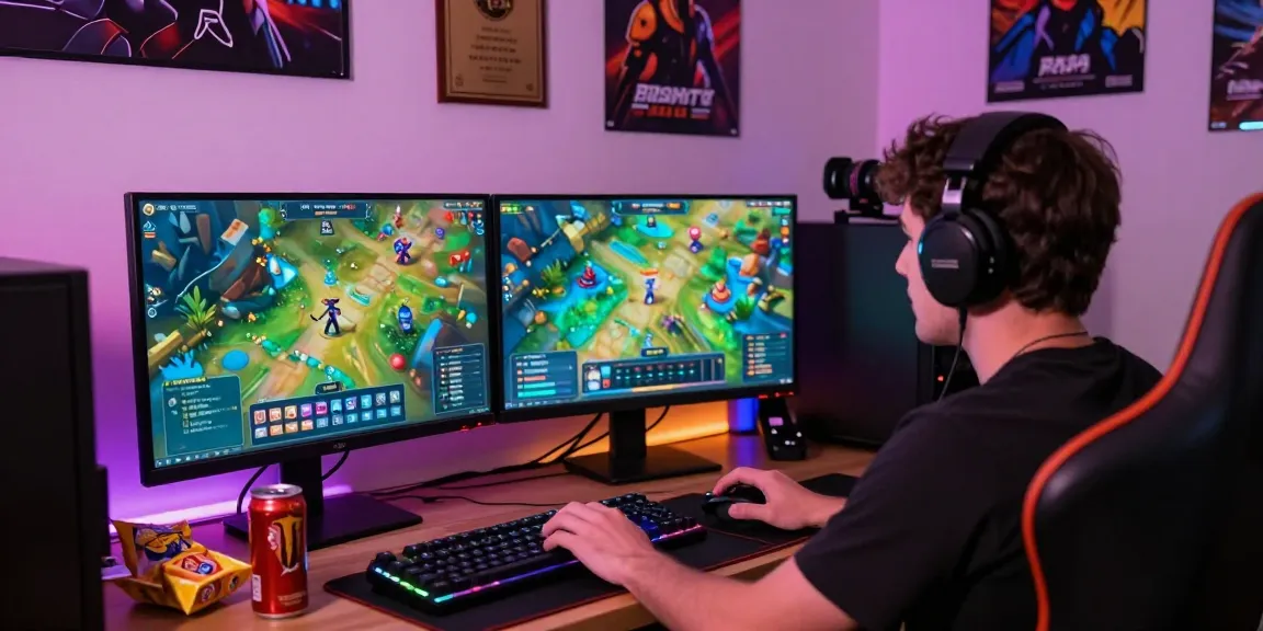 Engaged gamer accessing Raja Game login on dual monitors with energetic atmosphere.